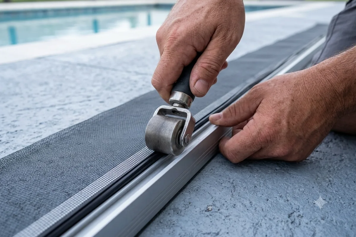 New spline being rolled correctly into a clean aluminum screen channel