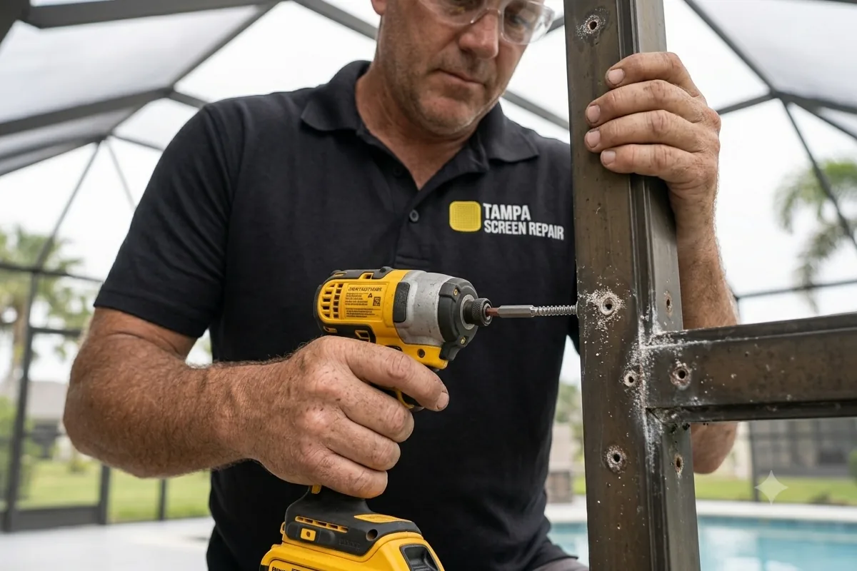 Corrosion around fasteners on an aging aluminum pool cage upright in Tampa
