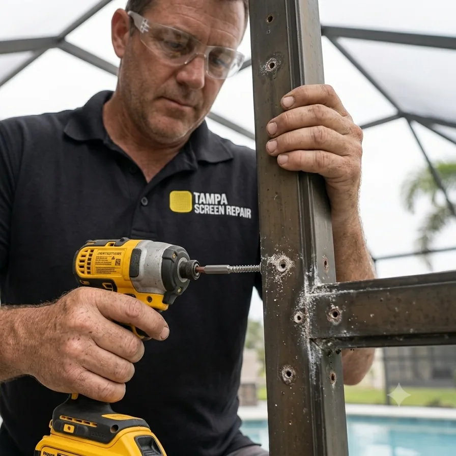 Technician replacing a corroded aluminium upright on a screen enclosure frame