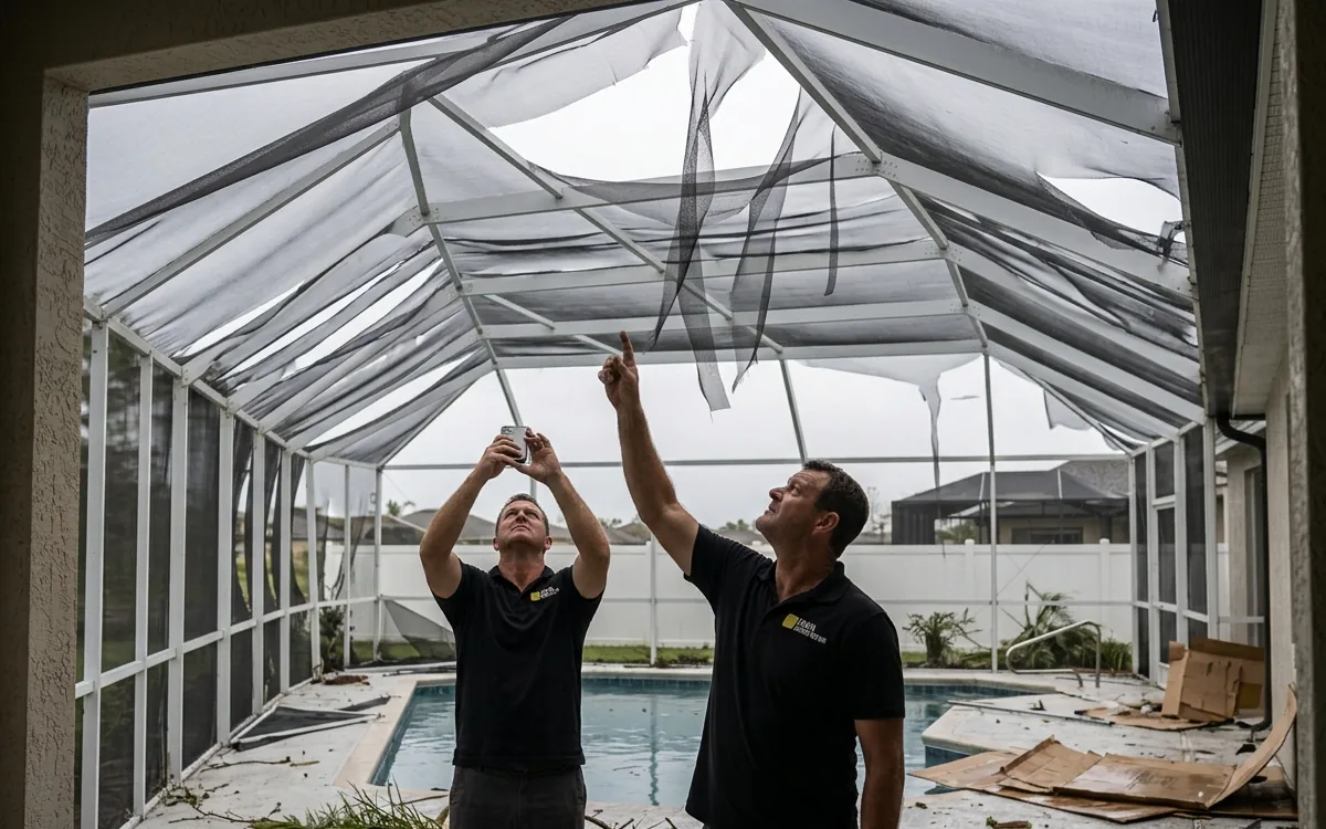 Screen enclosure cleared of furniture ahead of a Tampa hurricane
