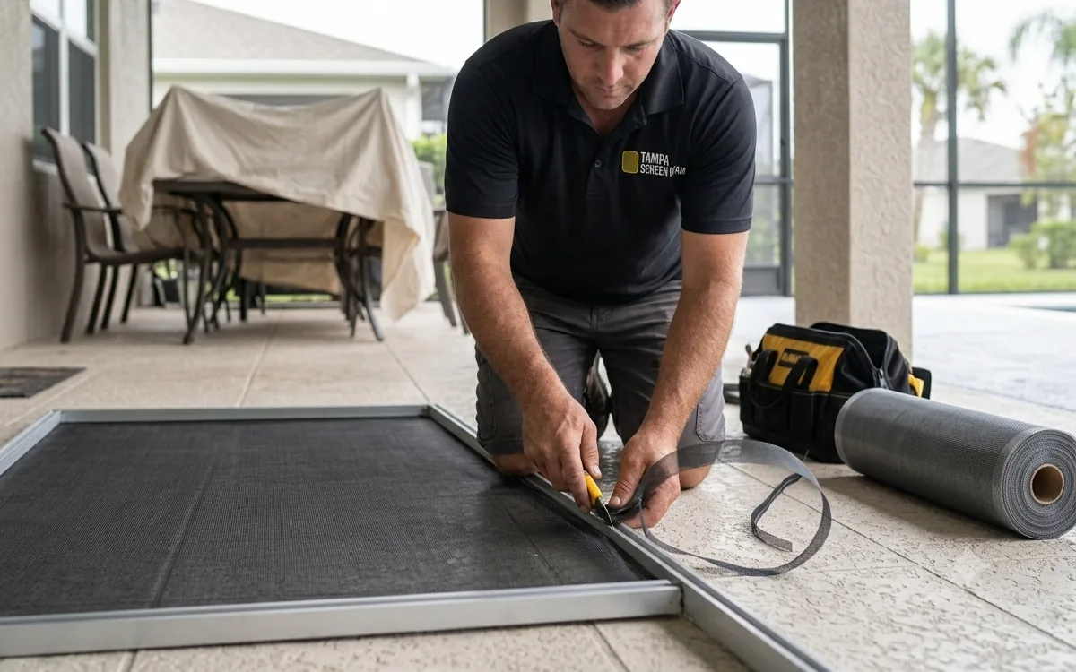 Technician cutting new mesh for a lanai panel on a Tampa screened porch