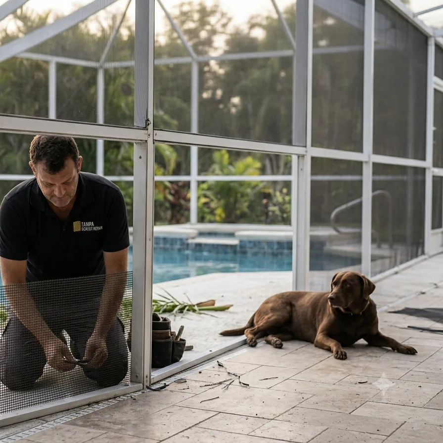 Pet-resistant mesh on lower enclosure panels beside standard mesh in Riverview