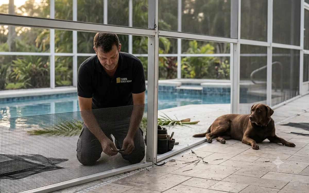 Pet-resistant screen mesh beside standard fiberglass mesh showing strand thickness difference