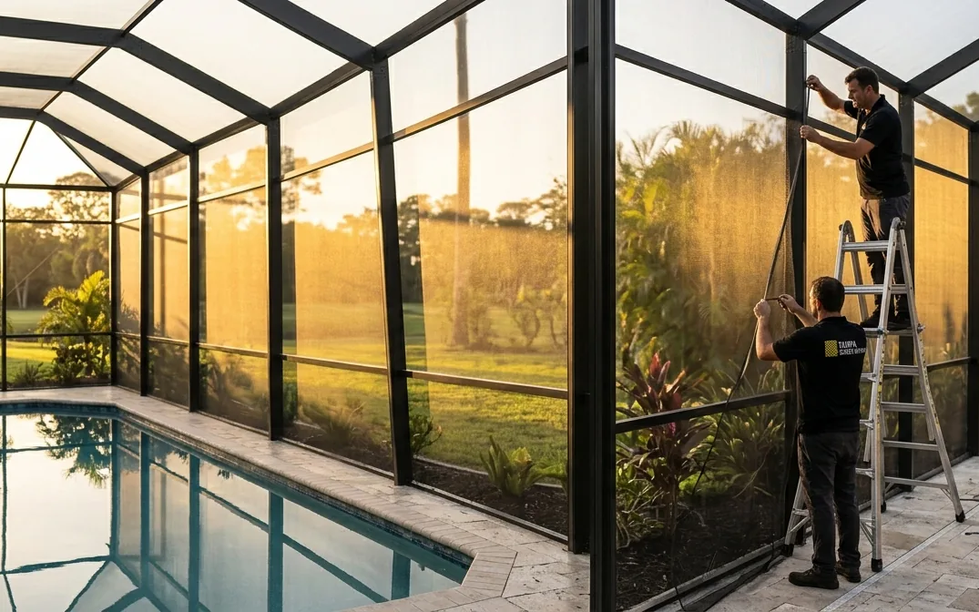 Technician rescreening a large two-story pool cage panel in Tampa
