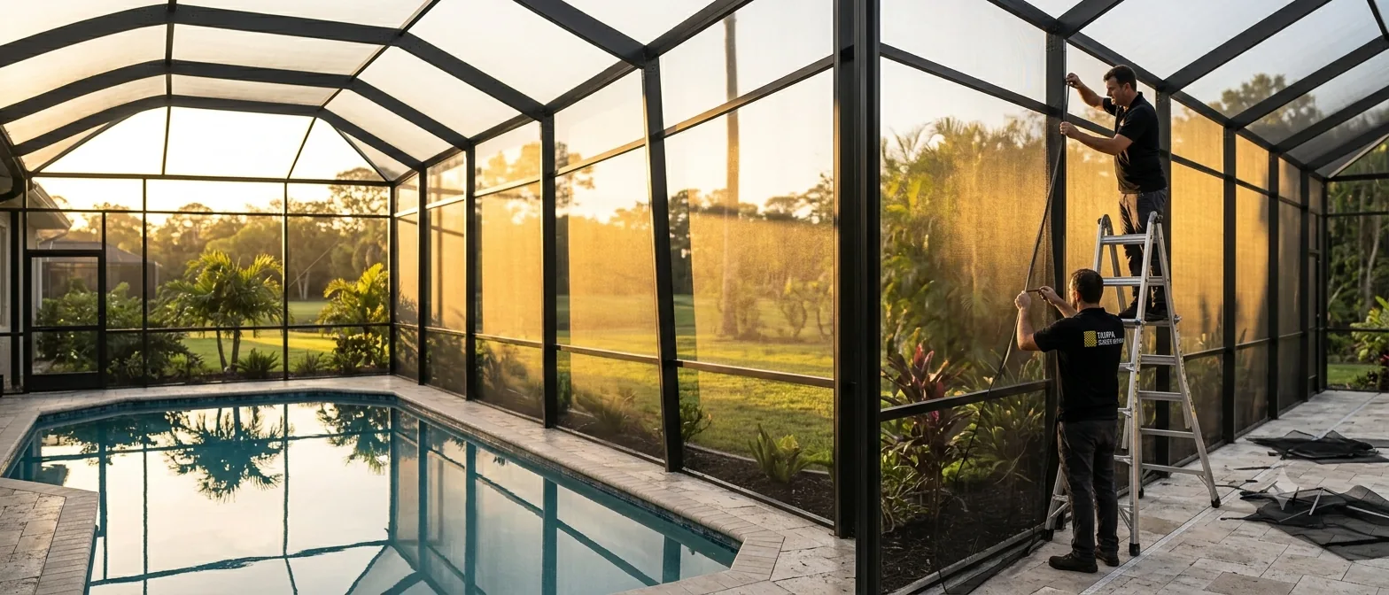 Two Tampa Screen Repair techs rescreening a pool cage, one running a spline roller