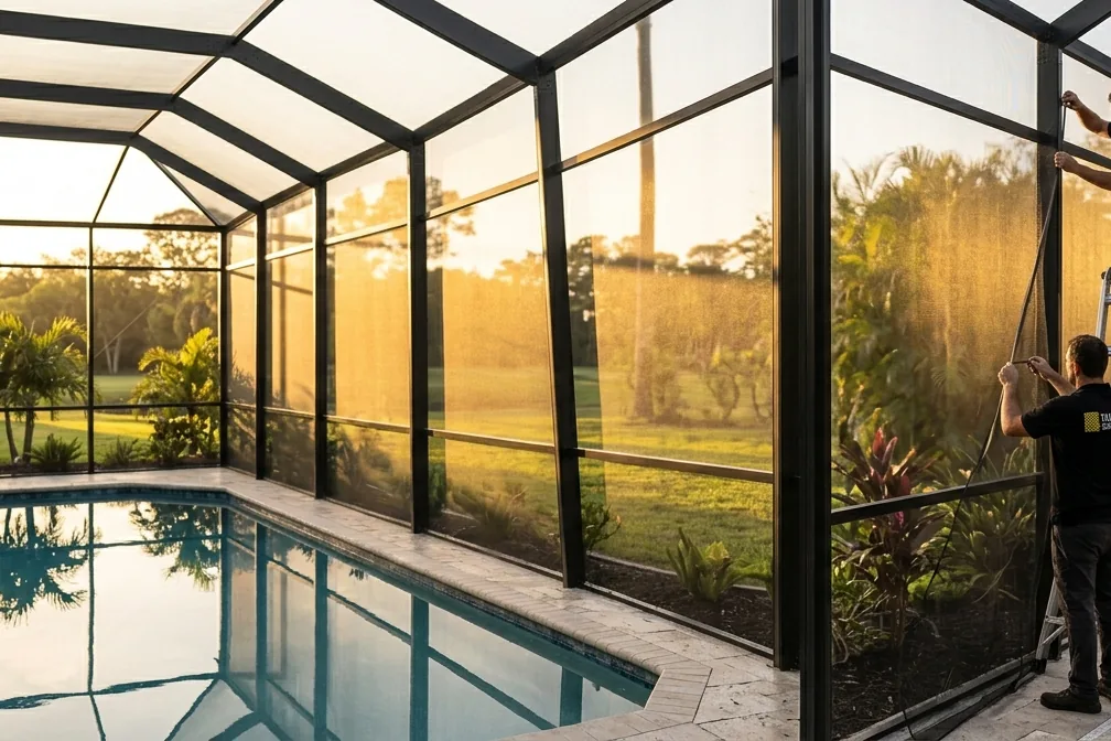 Completed pool cage rescreen with tight charcoal mesh in Westchase, FL