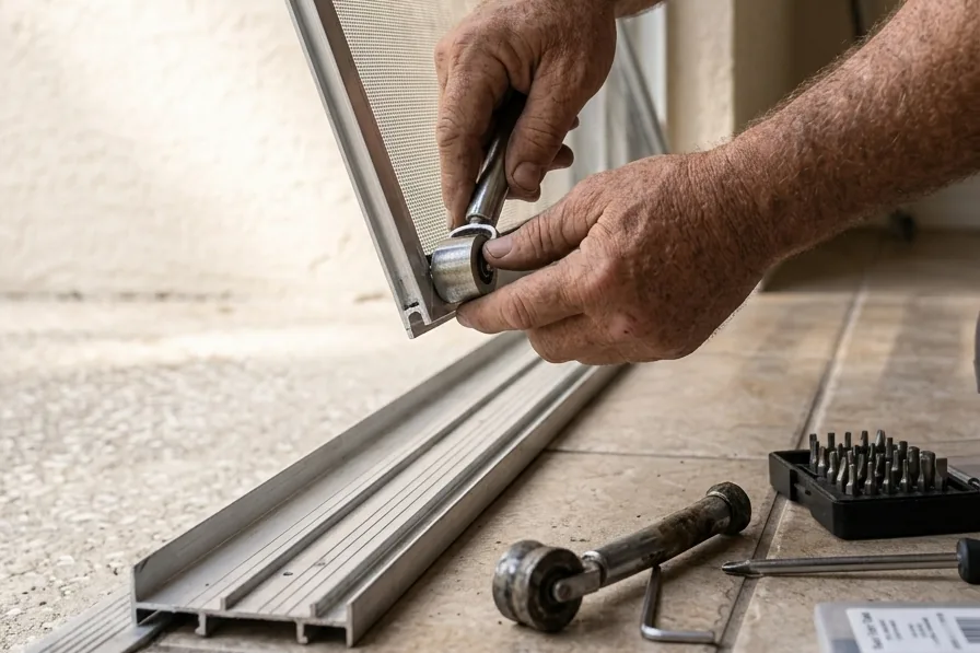 Close view of new screen door rollers and a straightened aluminum bottom track