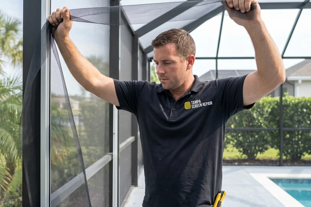 Tampa Screen Repair installer tensioning new mesh into a pool cage channel