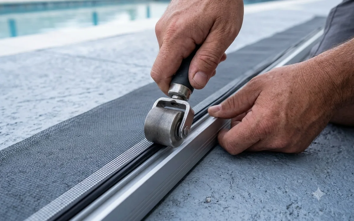 Samples of standard fiberglass, no-see-um, pet-resistant and Florida Glass screen mesh side by side