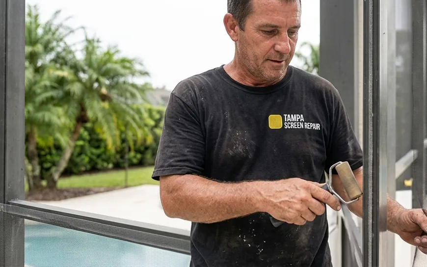 Tampa Screen Repair technician explaining mesh options to a homeowner on a lanai