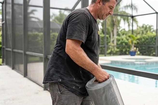 Tampa Screen Repair technician arriving with materials for a screen enclosure job