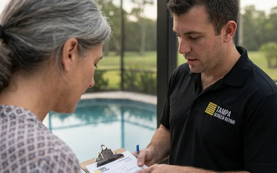 Tampa Screen Repair estimator measuring a pool enclosure panel with a homeowner