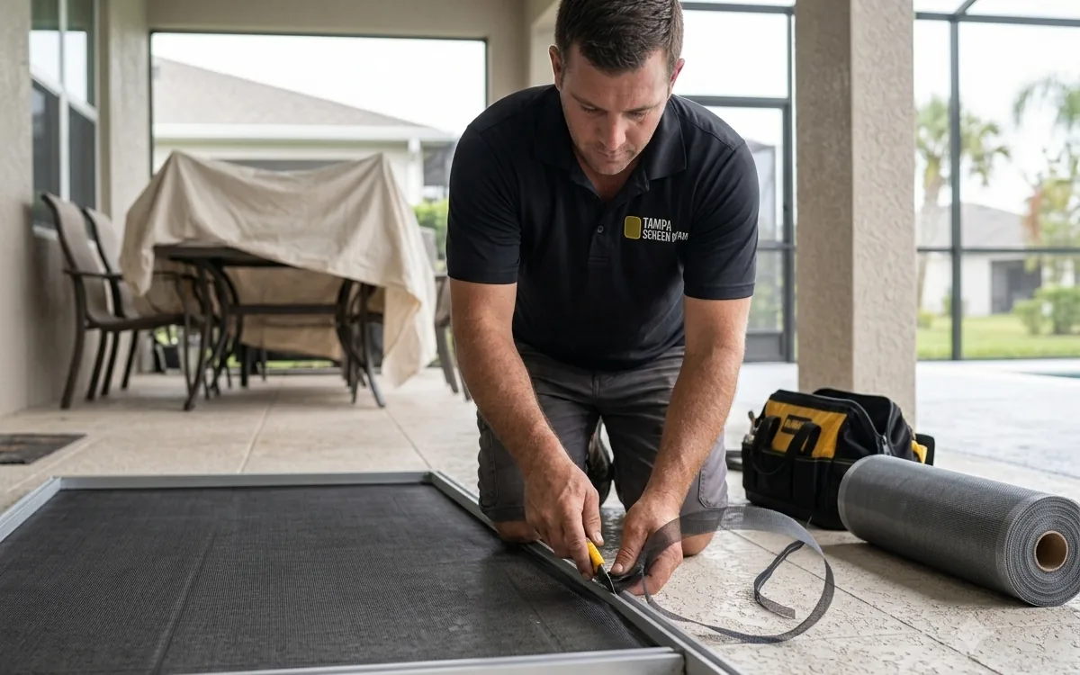 Screen repair and pool cage rescreening at a New Tampa, Florida home