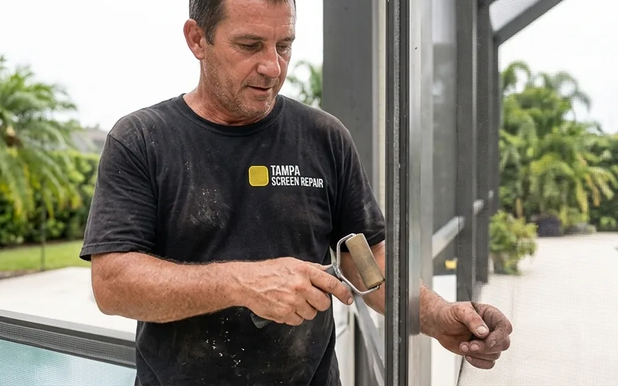 Screen repair and pool cage rescreening at a Riverview, Florida home