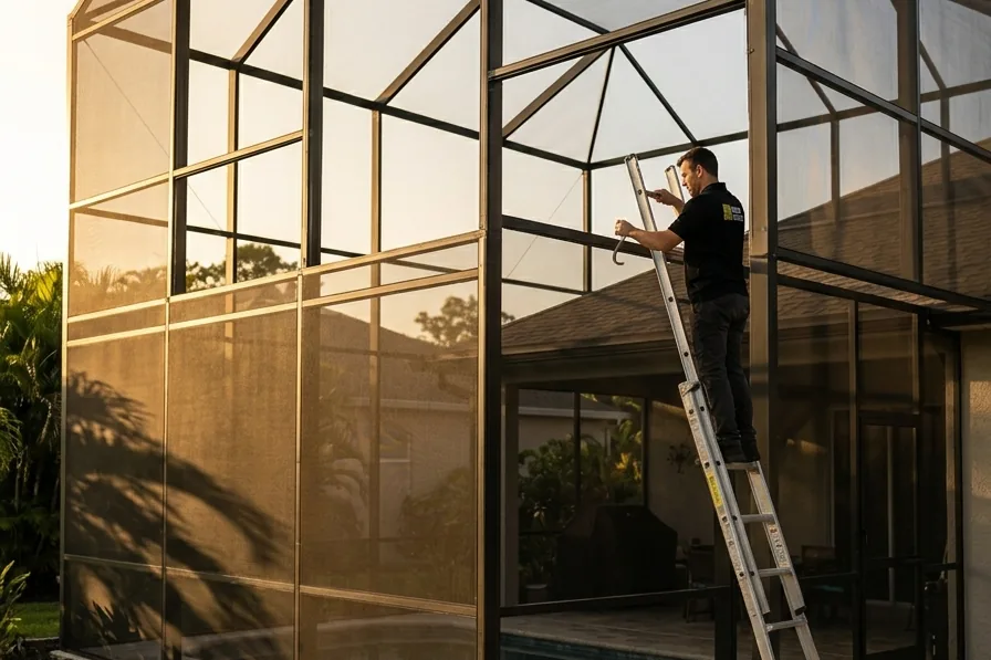 Two-story screen enclosure rescreened by Tampa Screen Repair at golden hour
