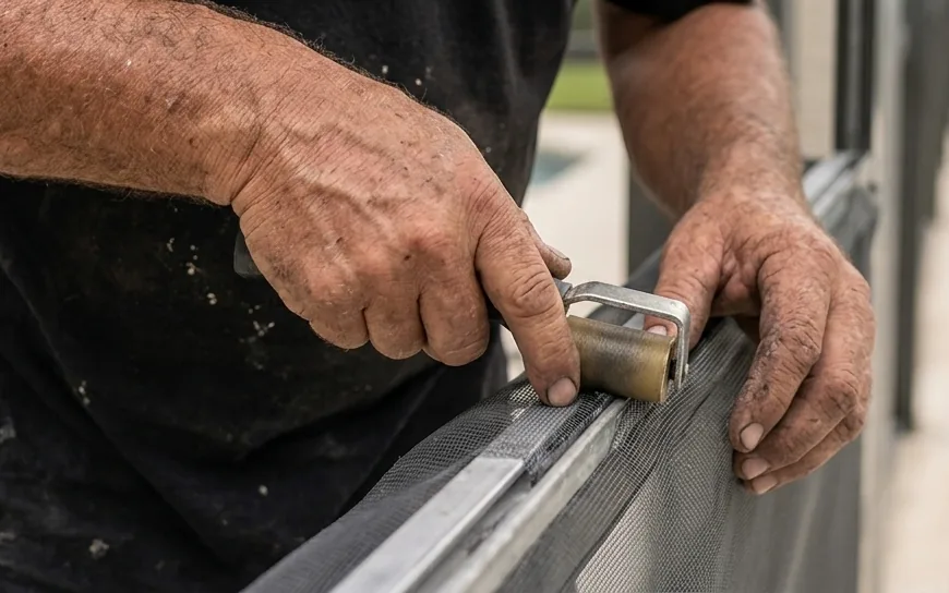 Tampa Screen Repair technician rescreening a pool enclosure panel