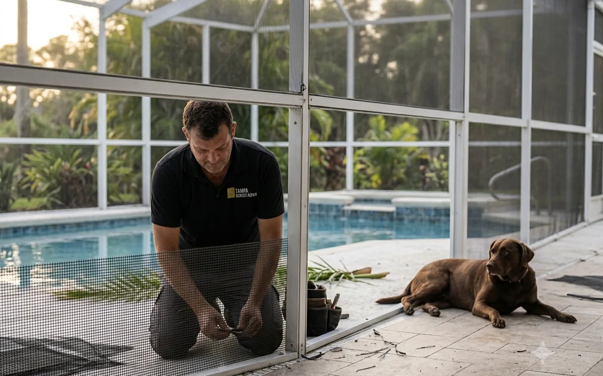 Screen repair and pool cage rescreening at a Valrico, Florida home