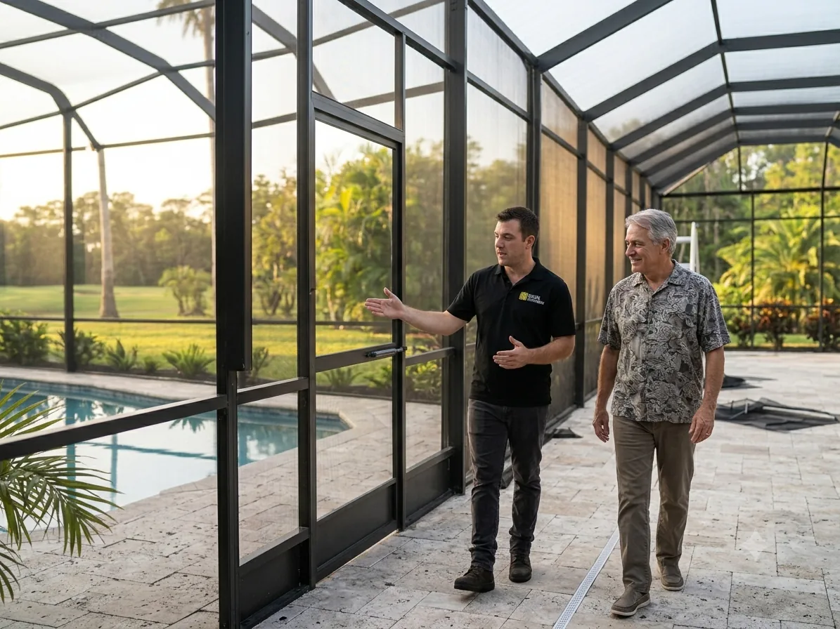 Technician and homeowner walking a finished screen enclosure together