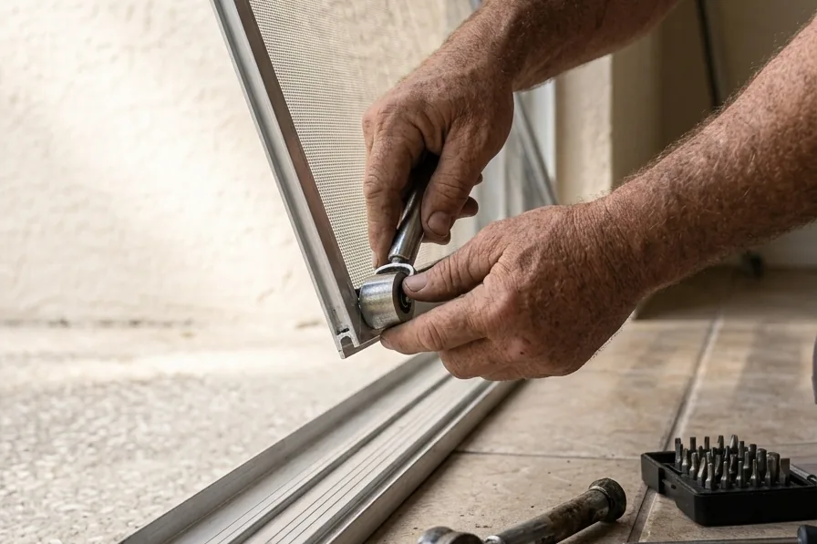 Technician fitting a sliding screen door onto a cleaned track with new rollers