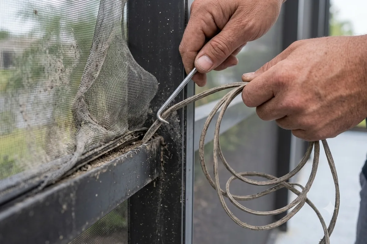 Dried spline backing out of an aluminum screen channel on a Tampa pool cage
