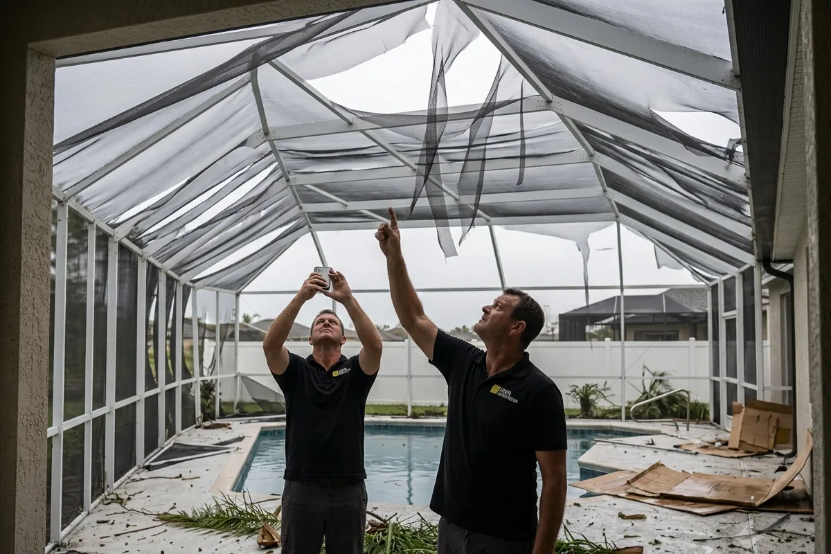 Storm-damaged pool cage panels being photographed for an insurance claim