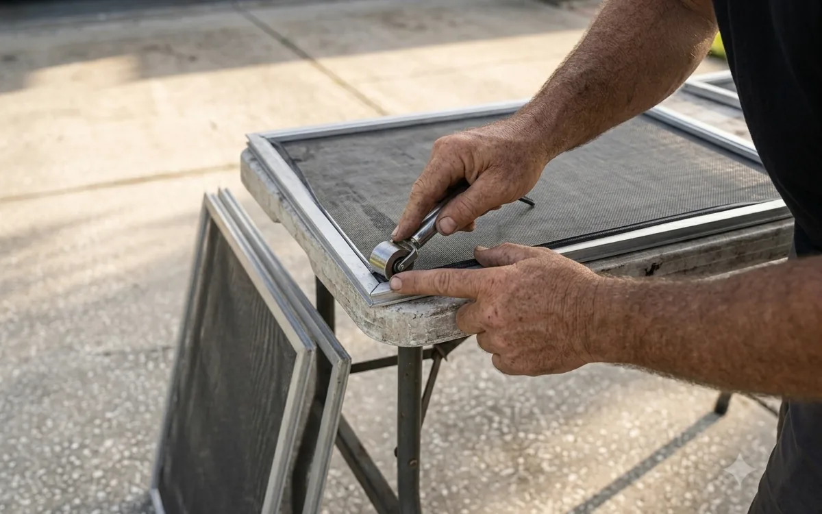 Hands rolling spline into a rebuilt window screen frame on a work table in Tampa